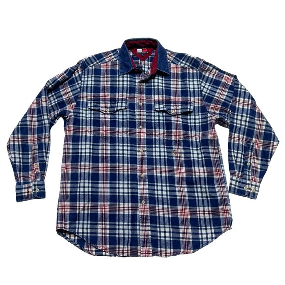 Tommy Hilfiger Flannel Shirt Mens Small Blue Plaid Denim Collar Long Sleeve - Picture 1 of 8